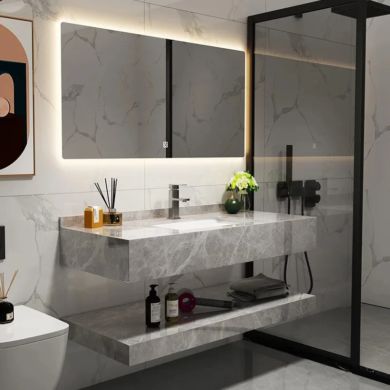 Nowoczesne szafki łazienkowe i inteligentne lustra z bocznym schowkiem, kombinacja szafki pod umywalkę z szklaną szufladą.