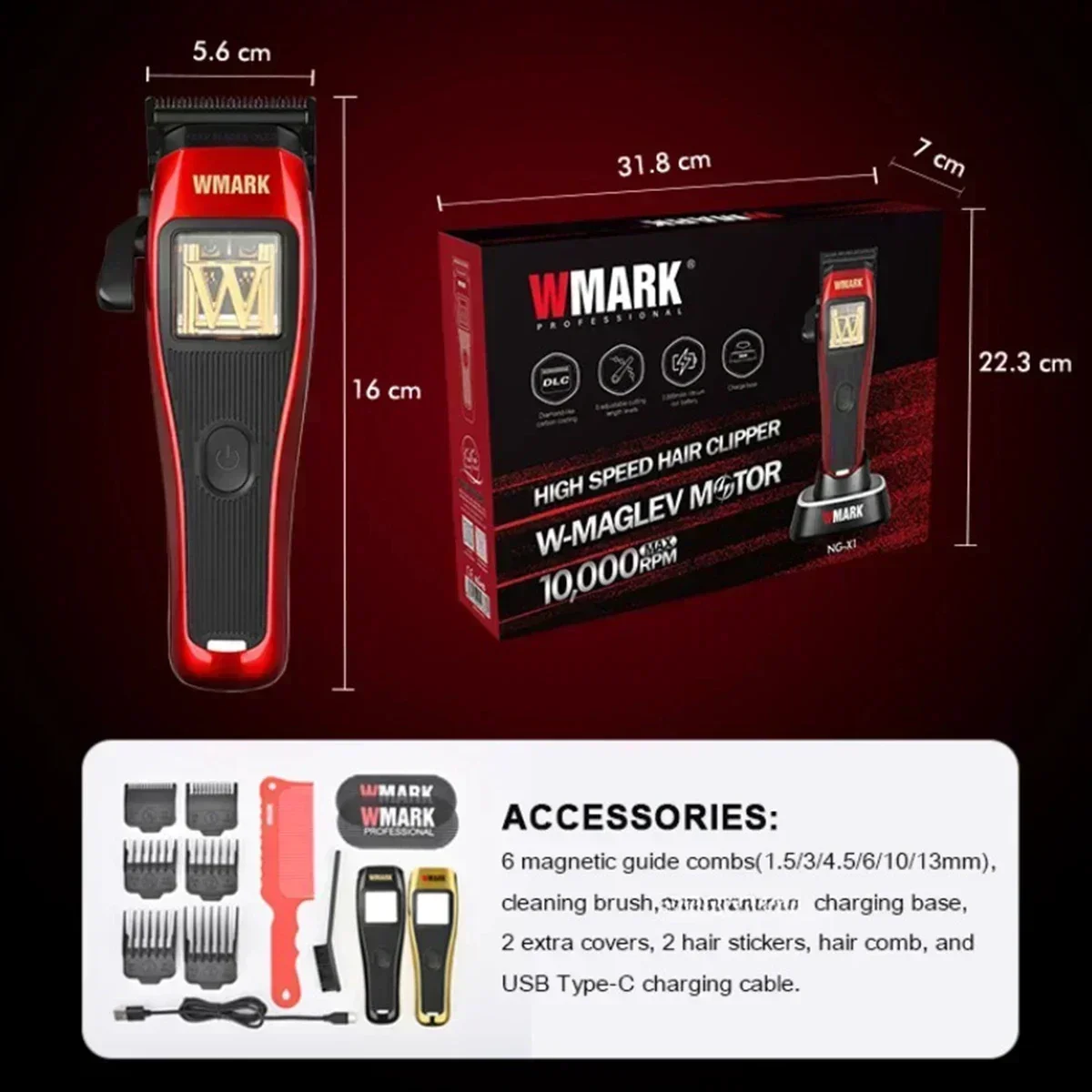 WMARK NG-X1 Professional Hair Clippers สําหรับชาย,Microchipped มอเตอร์แม่เหล็ก 10000RPM 9V มอเตอร์ Charge Stand,เครื่องตัดไร้สาย