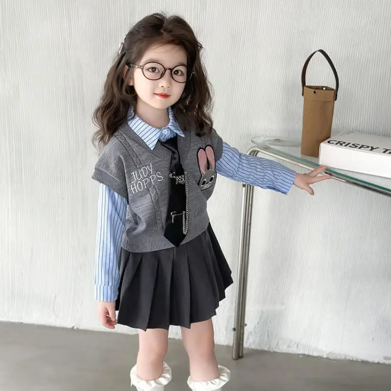 3 uds dibujos animados Judy Hopps niñas Chaleco tejido suéter camisa Jk falda conjunto lindo conejito de Disney policía primavera dulce niños Jk uniforme conjunto