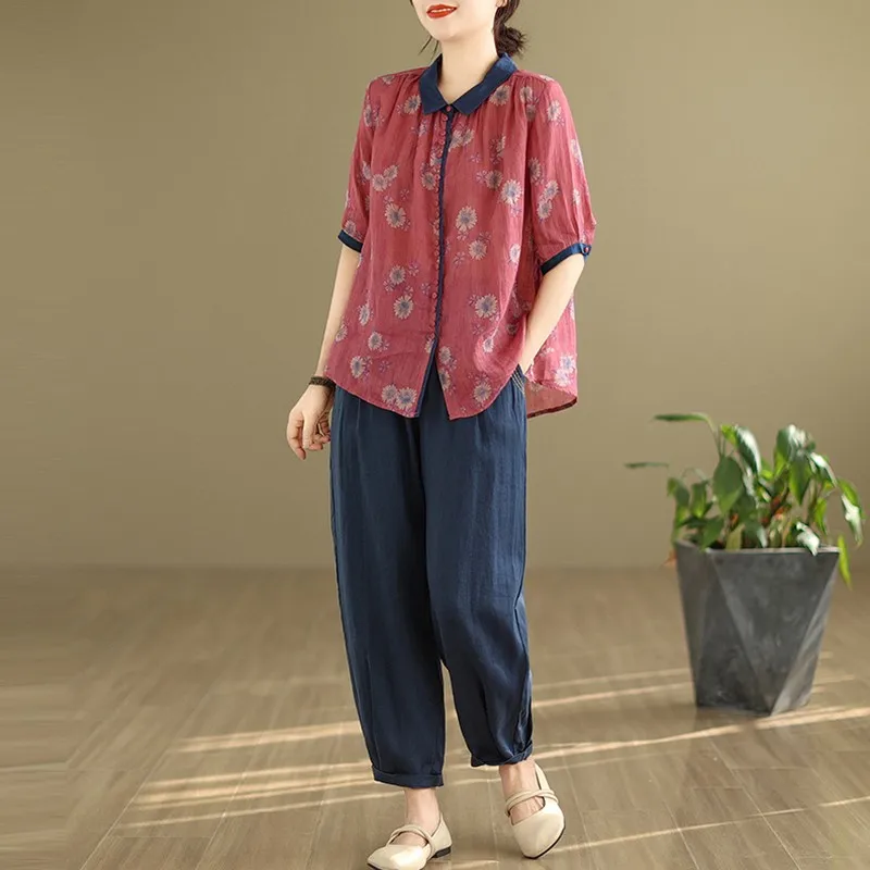 Women Summer Casual Shirt And Harem Pants New Arrival 2024 Vintage Style Floral Print Loose Female Pant Suits 2 Piece Sets B3602