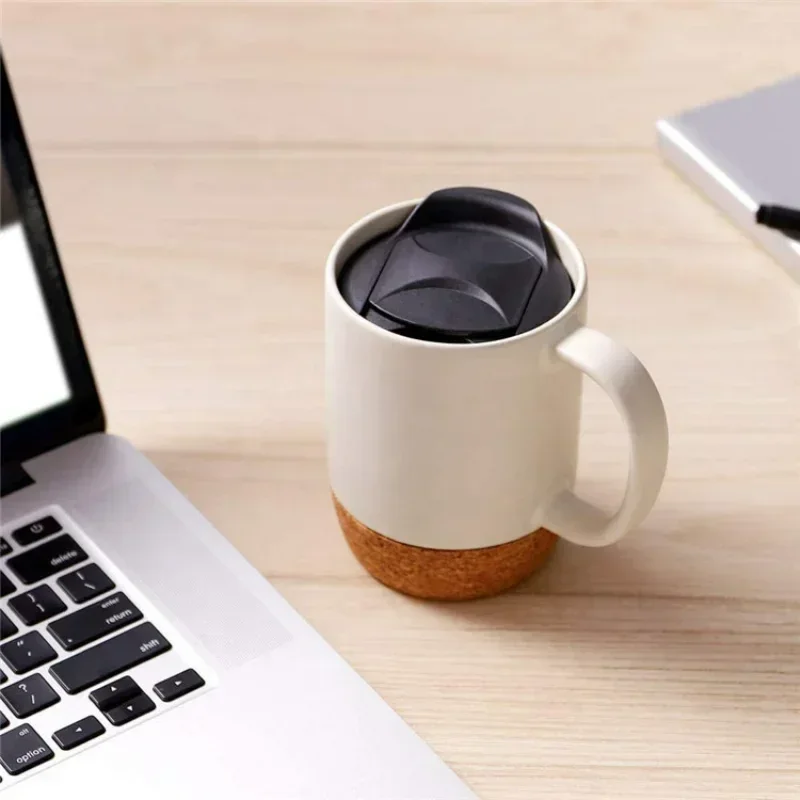 15oz Sublimation Matte Plain White Black Ceramic Coffee Mug with Cork Base Bottom Matte Tea Cup Creative Mugs with Lid Wholesale