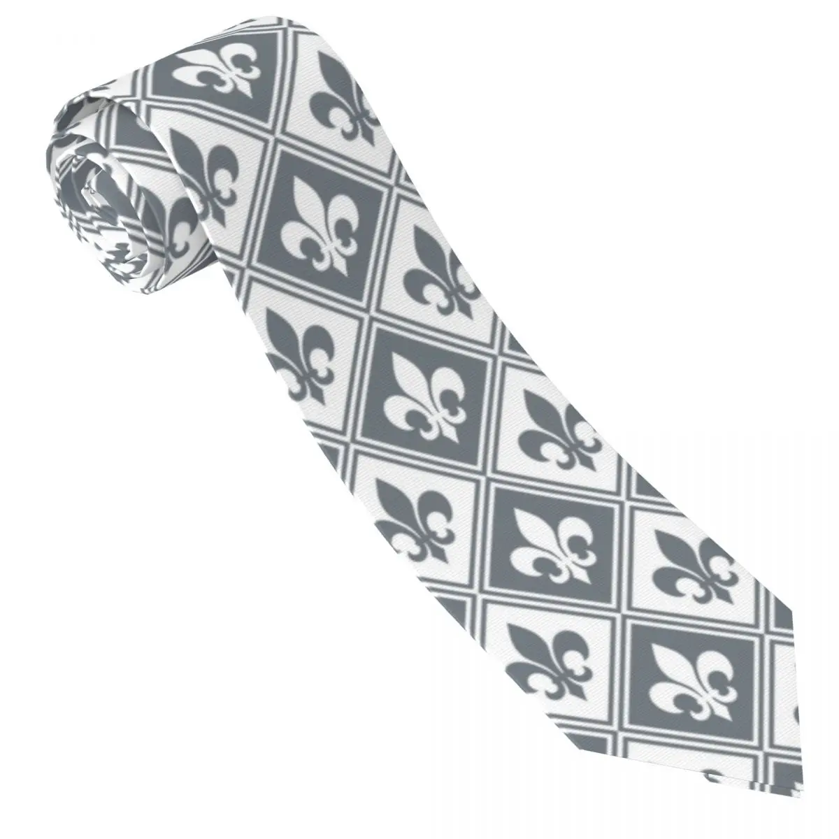 Custom Cool Grey Fleur De Lis And Diamond Neck Ties Men Printed Necktie Lily Floral Four Seasons Tie Necktie For Father's Day