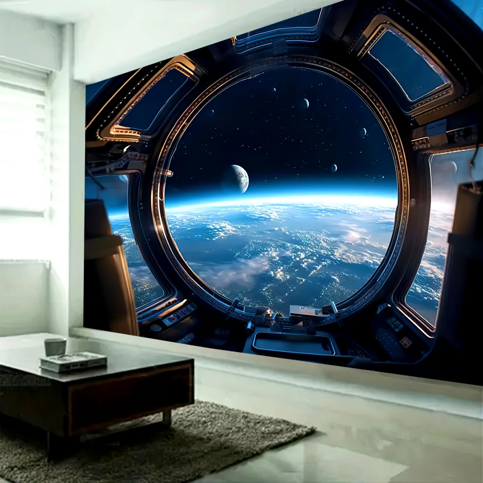 Realistic Space View Mural Tapestry Earth Cosmic Window Sci-Fi Galactic Poster Futuristic Decor Art Room Wall Decoration Planets