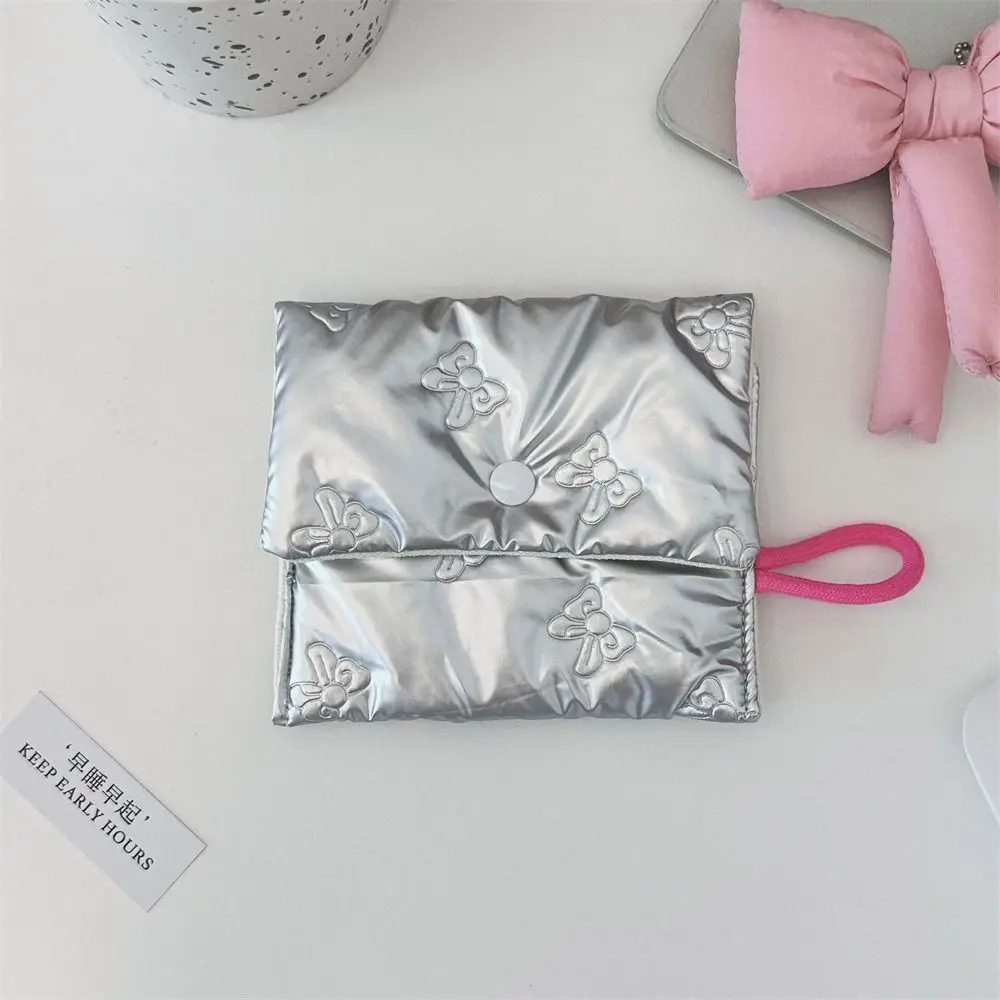 Simple Silver Sanitary Mat Bag Love Bow Zipper Button Coins Keys Wallet Change Purse Makeup Organizer Cosmetics Napkin