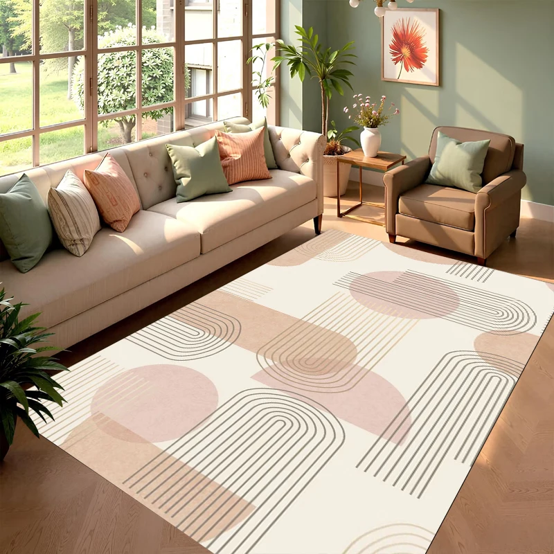 Midcentury Abstract Geometric Rectangle Rug Wear Resistant Soft Floor Mat Boho Neutral Line Circle Art Print Carpet Decor