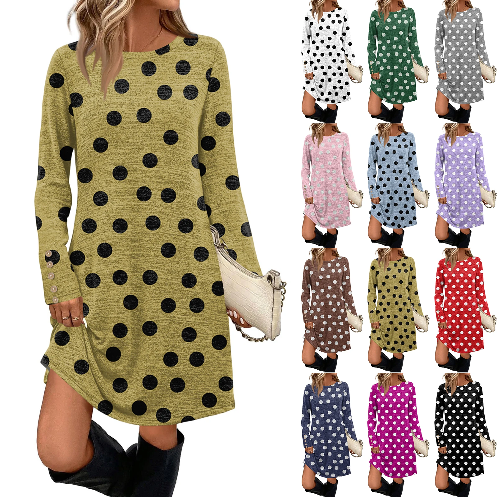 เดรสยาวแขนยาว คอทรงโอ ทรงหลวม สไตล์ลำลอง สำหรับผู้หญิง ลายจุด แต่งระบาย แฟชั่นสำหรับวันหยุด