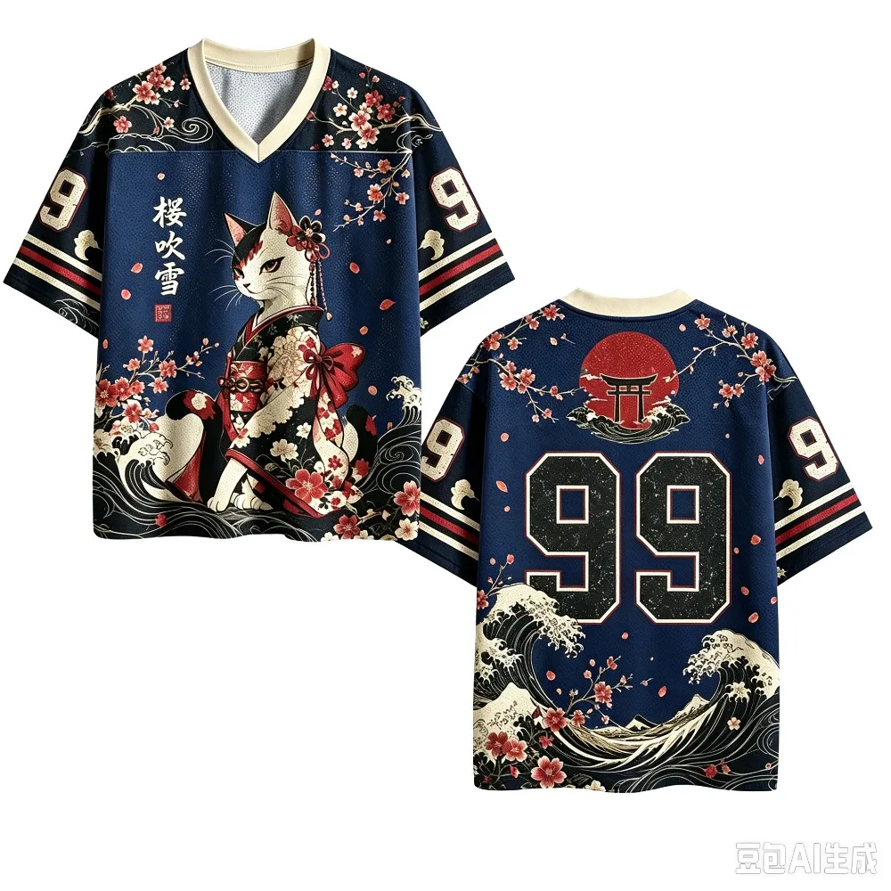 Japanischer Stil Kirschblüten-Katze 3D-Druck Schnelltrocknend Atmungsaktiv Sport Herren Damen V-Ausschnitt Loses T-Shirt Modisches Y2K Parentagl Kleidungsstück – Detail 2