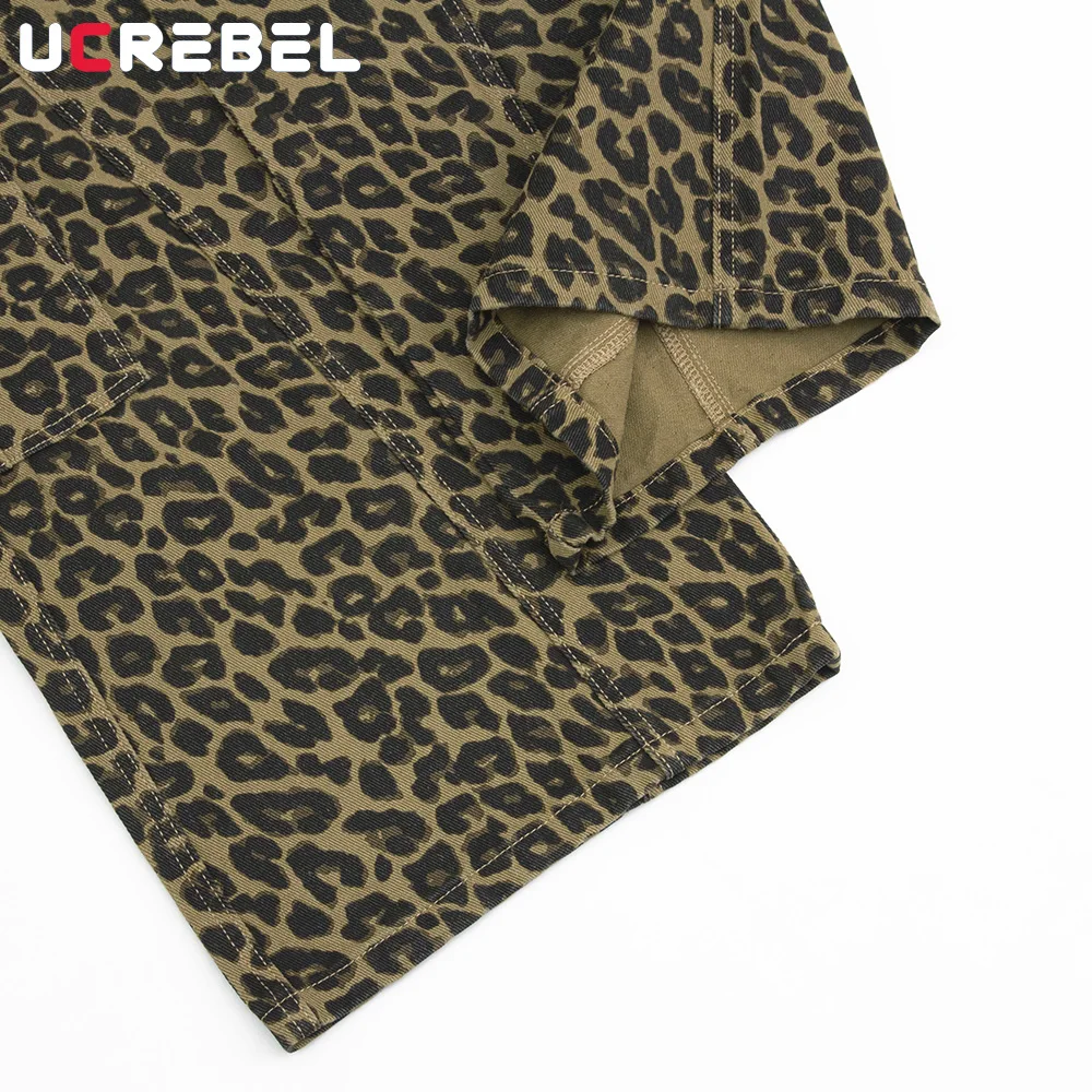 ليوبارد طباعة البضائع السراويل الرجال تقسم متعددة جيب الرجعية شارع العليا فضفاض مستقيم واسعة الساق بنطلون رجل #6