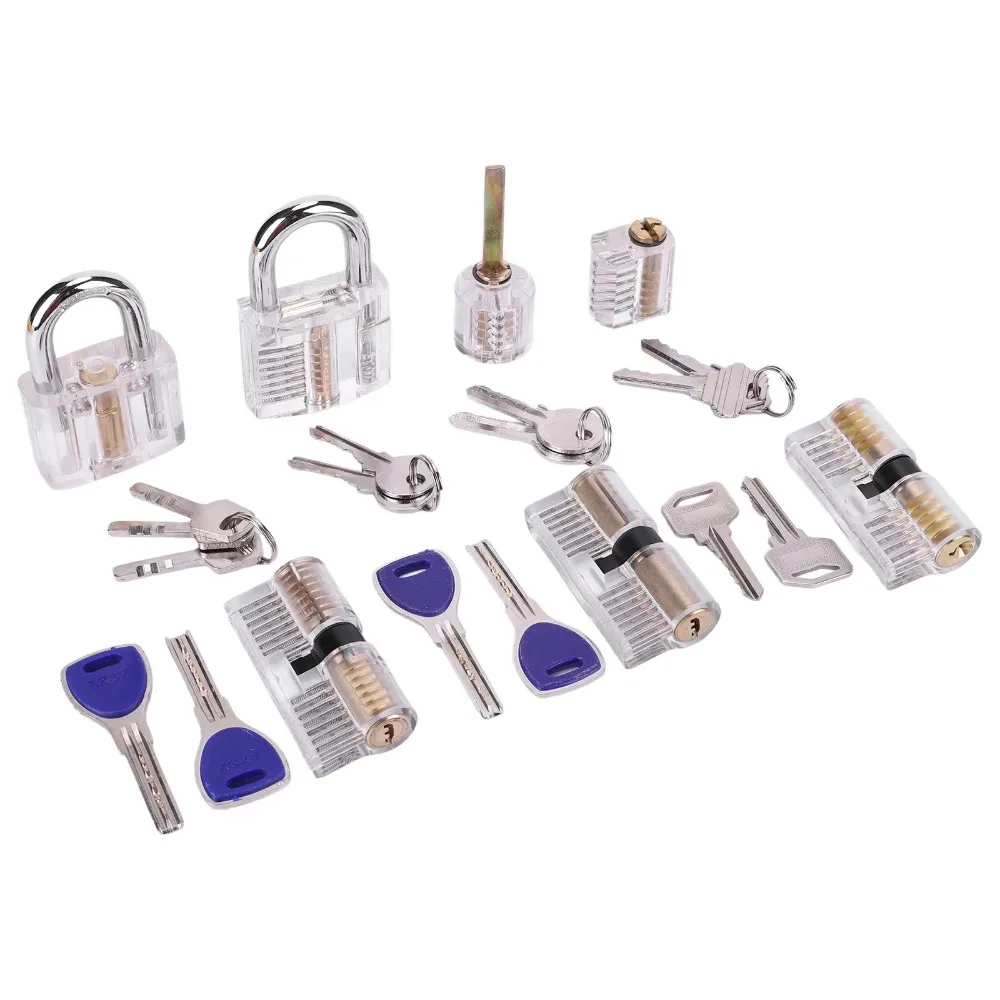 7PCS Visible Lock Pick Sets with 14 Keys Transparent Training Locks Lock Pick Practice Padlock Ideal for Locksmiths Training