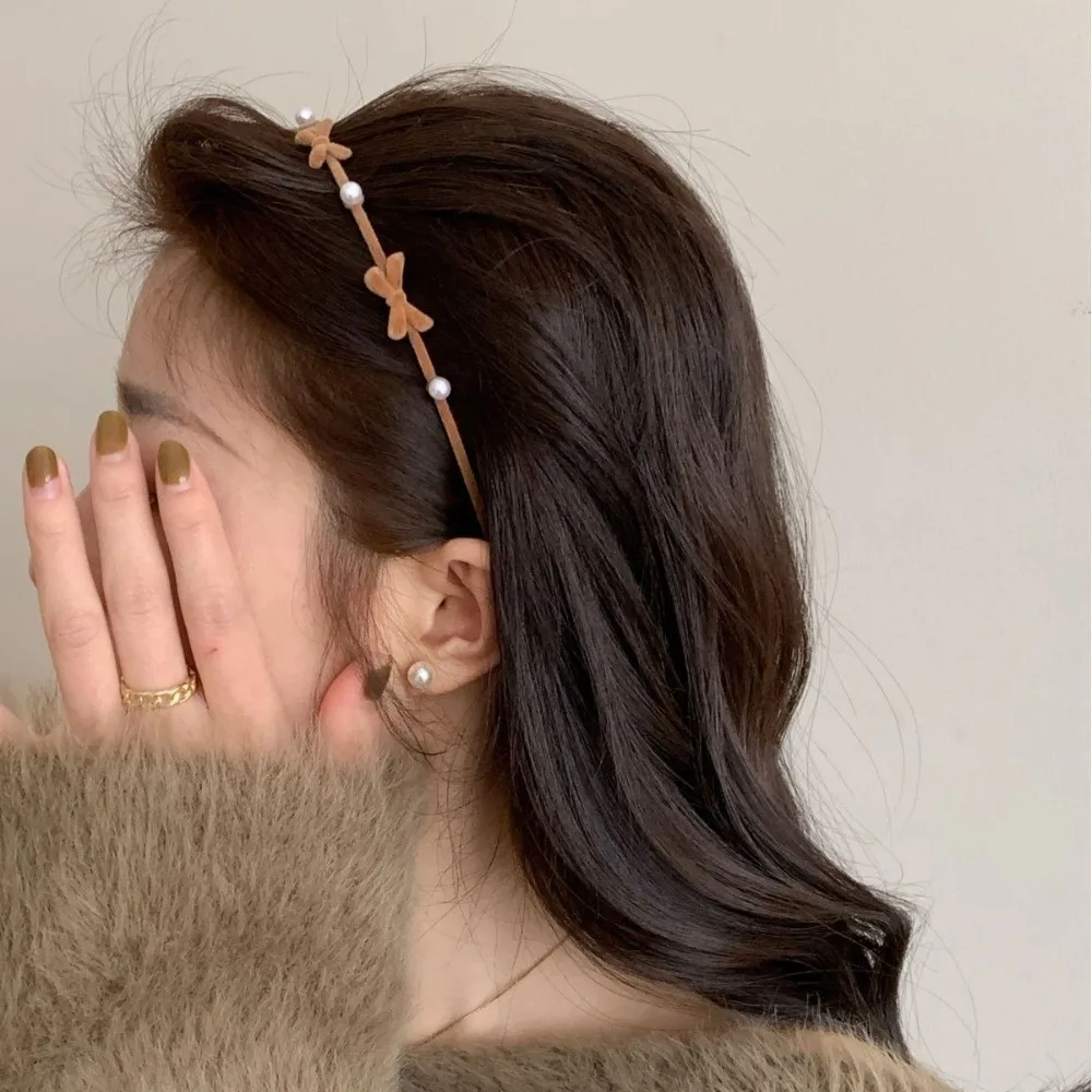 

Personality Pearl Bow Hairband Plush Alloy Flower Headband Korean Style Thin Women Hair Hoop Headwear