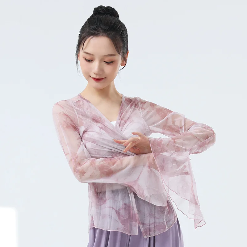 Abiti da ballo in rete per danza classica, protezione solare estiva da donna, abbigliamento da strada, nuovo top con maniche a foglia di loto in corno elegante stampato