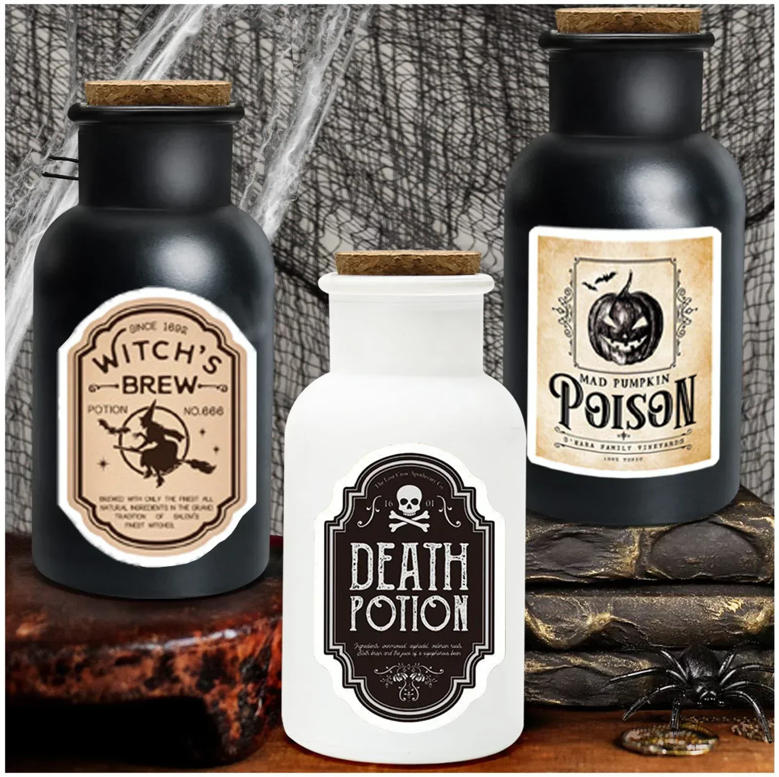 Halloween Apothecary Potion Bottles Black White Scary Bottles for Witch Farmhouse Home Table Party Supplies Halloween Decoration