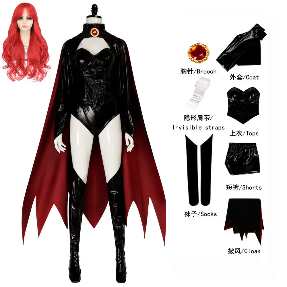 Madelyne Pryor Cosplay Komplettset Schwarzer Jumpsuit Umhang Perücke Erwachsene Frauen Halloween Party Kampf Karneval 7-teiliges Kostüm