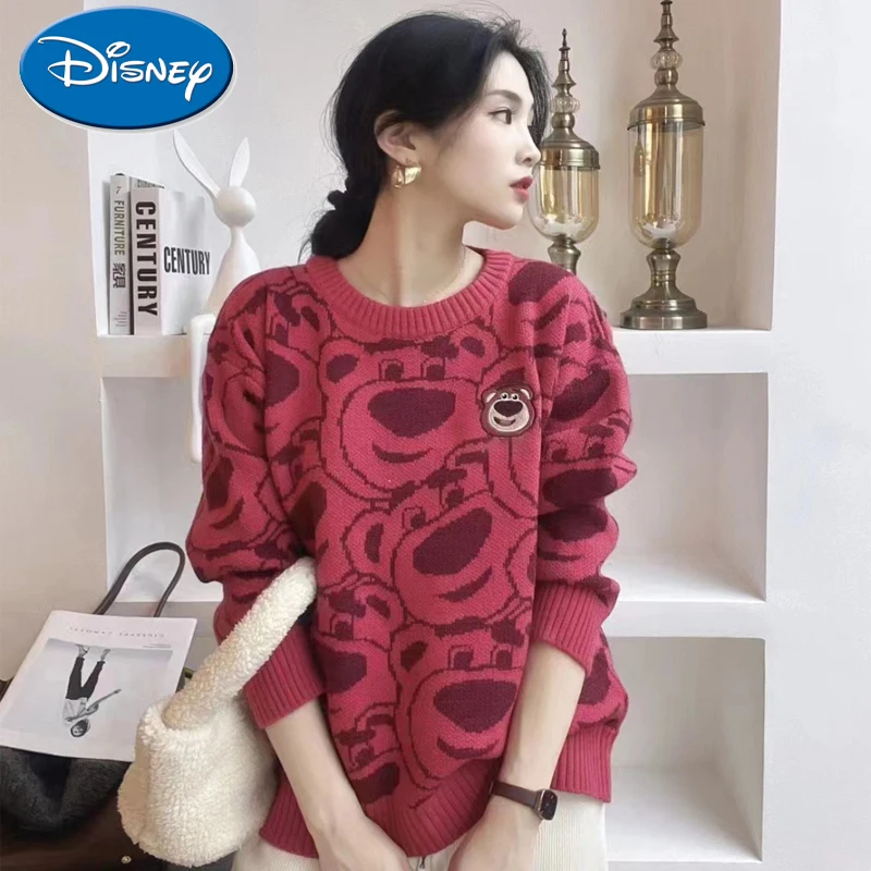 Disney Lotso Women Knit Sweater Autumn Winter Cartoon Round Neck Knit Tops Simple Versatile Tops Lovers Warm Pullover Sweater