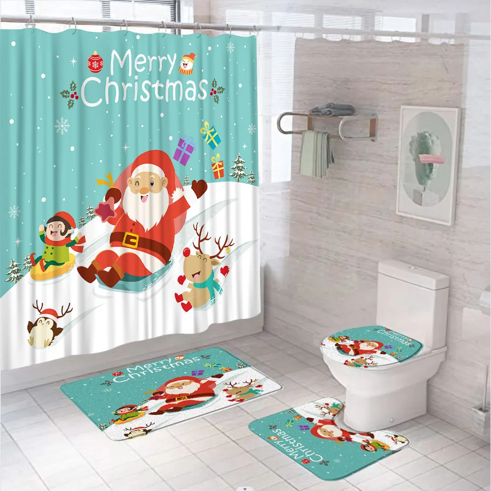 Merry Christmas Shower Curtain Set Cartoon Santa Claus Candy Toy Kids Bathroom Decor Screen Non-Slip Bath Mat Rug Toilet Cover