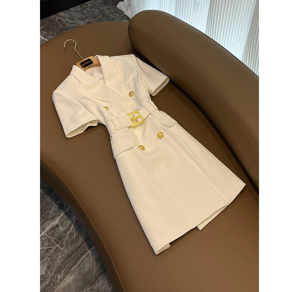 Hot New Fashion Classic Black/White Short Sleeve Pure Color Buttons Office Lady  Blazer Dress with Belt