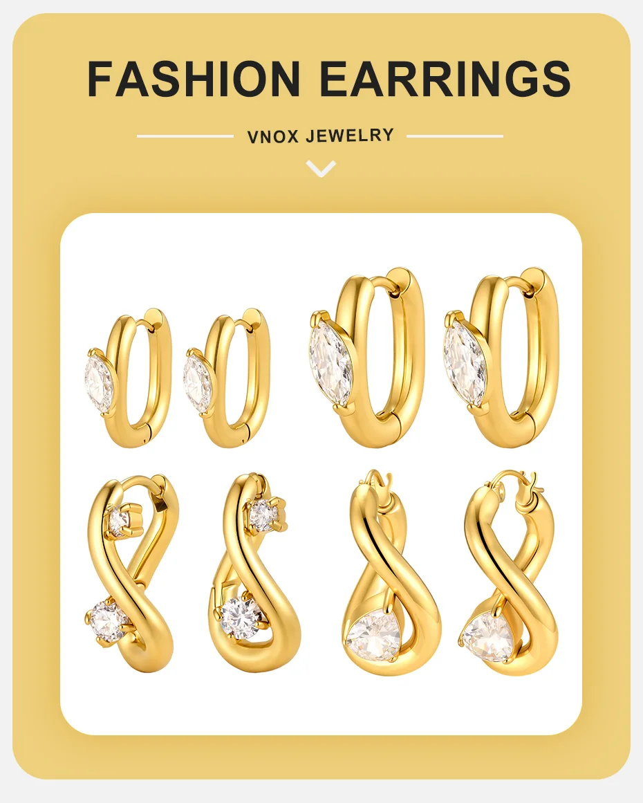 Vnox Trendige Vergoldete Geometrische Creolen für Damen, Edelstahl AAA Zirkon U-förmige Huggie-Ohrringe, Zierlicher Schmuck als Geschenk – Detail 1