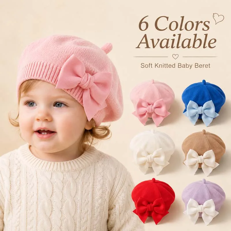 

Knitted Baby Girls Beret Hat with Bow Soft Warm Infant Beanie Cap Cute Newborn Toddler Painter Hat Autumn Winter Kids Headwear