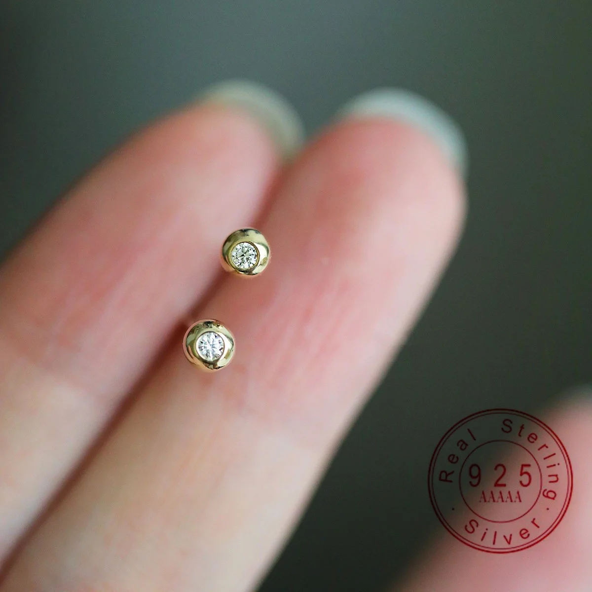 

925 Sterling Silver 14K Gold Plated Tiny Bezel Stud Earrings for Women Minimalist Cubic Zirconia Daily Jewelry