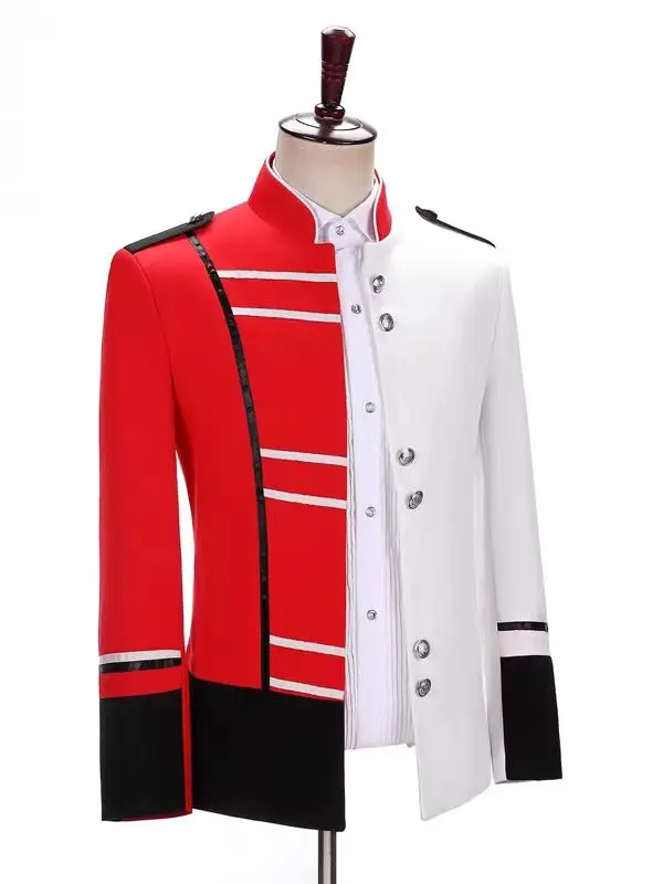 الرجال الأحمر والأبيض كتلة العسكرية اللباس الرسمي المحكمة الملكي المرحلة أزياء مسرحية ملهى ليلي المضيف المغني DJ Dancewear #2