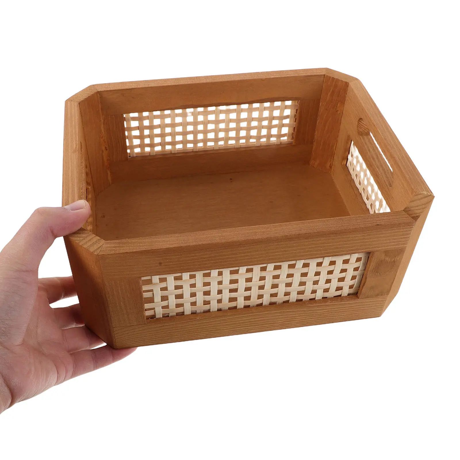 Natural Rattan Woven Storage Basket Retro Style Hollow Vine Weaving Sturdy Handle for Bathroom Bedroom Office 11.8x7.9x5.5 Inch