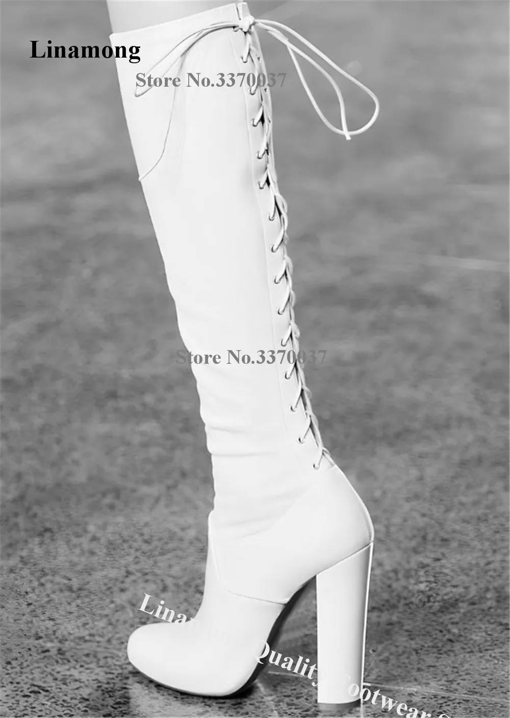 

Linamong Sexy White Matte Leather Chunky Heel Knee High Boots Round Toe Cut-out Lace-up Thick Heel Long Boots