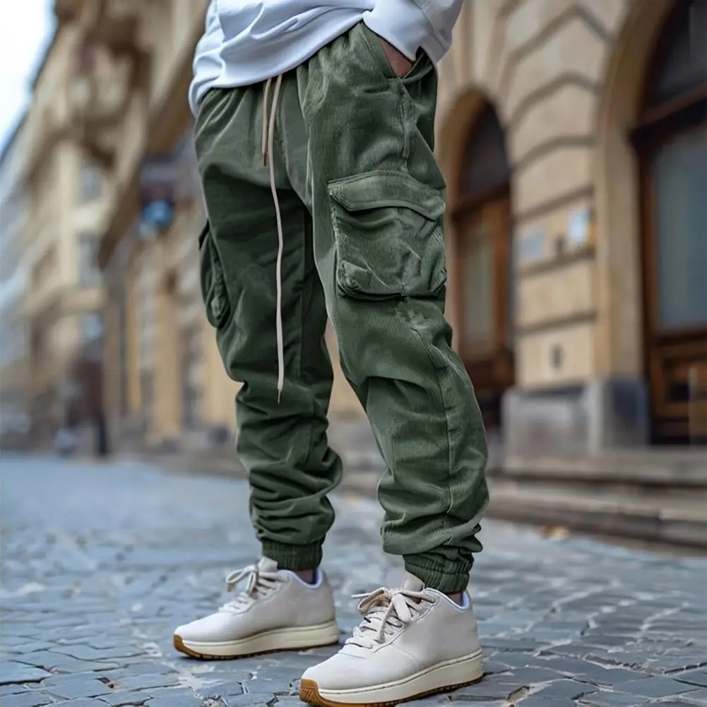 الرجال السراويل البضائع الكاحل النطاقات الرباط مرونة الخصر فضفاض Sweatpants مع جيوب ريترو ستايل يندبروف الكاحل طول بنطلون