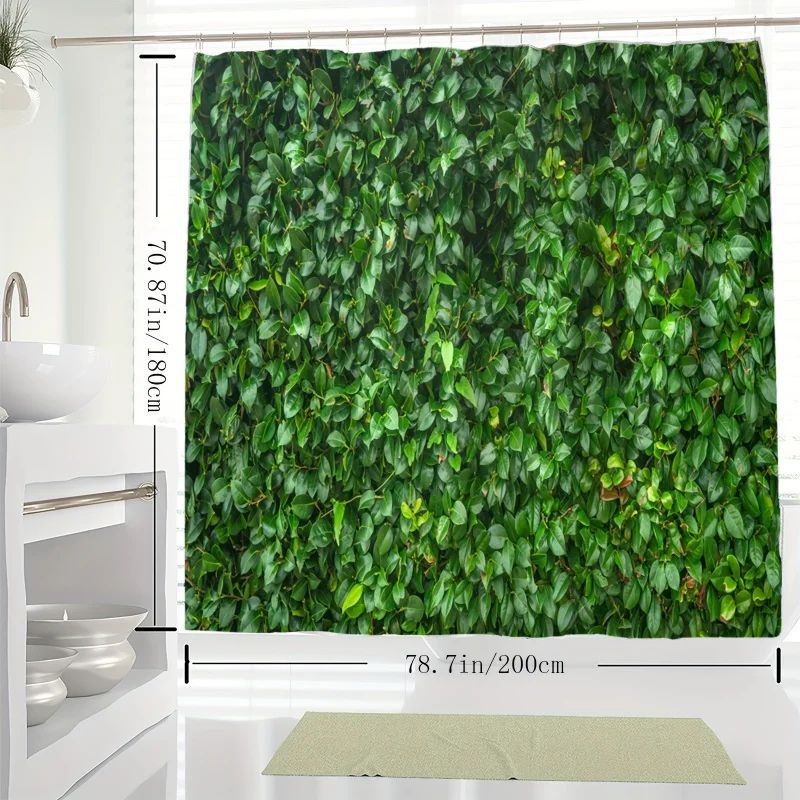 YWJHUI Green Leaf Pattern Shower Curtain, Water-Resistant Polyester Bathroom Decor, Machine Washable with Hooks, Knit Weave, Pla