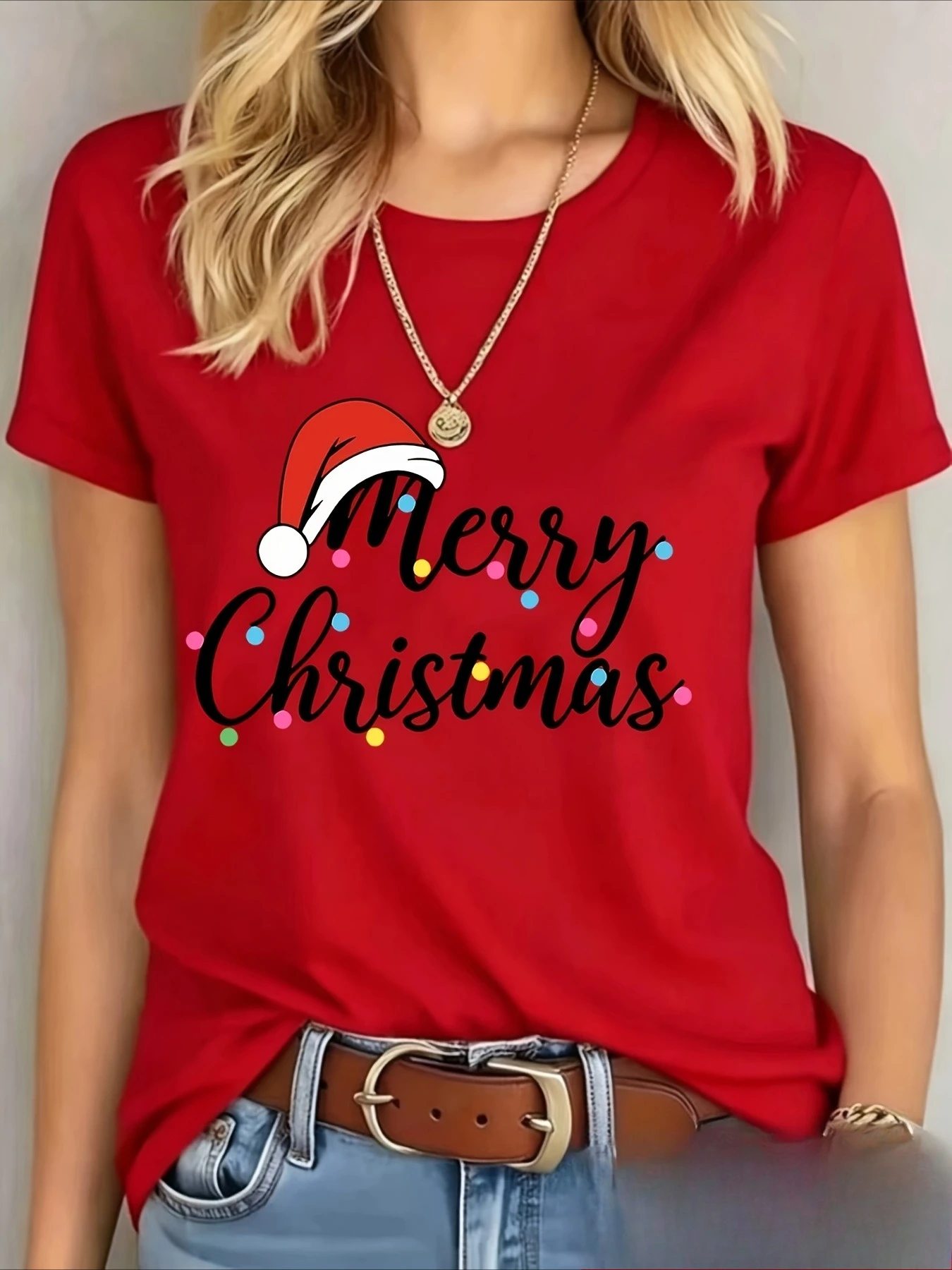 Xmas Aesthetic Women'S Red Short Sleeve Simulation Merry Christmas Santa Colorful Lights Print Casual Street Aesthetic Clothe