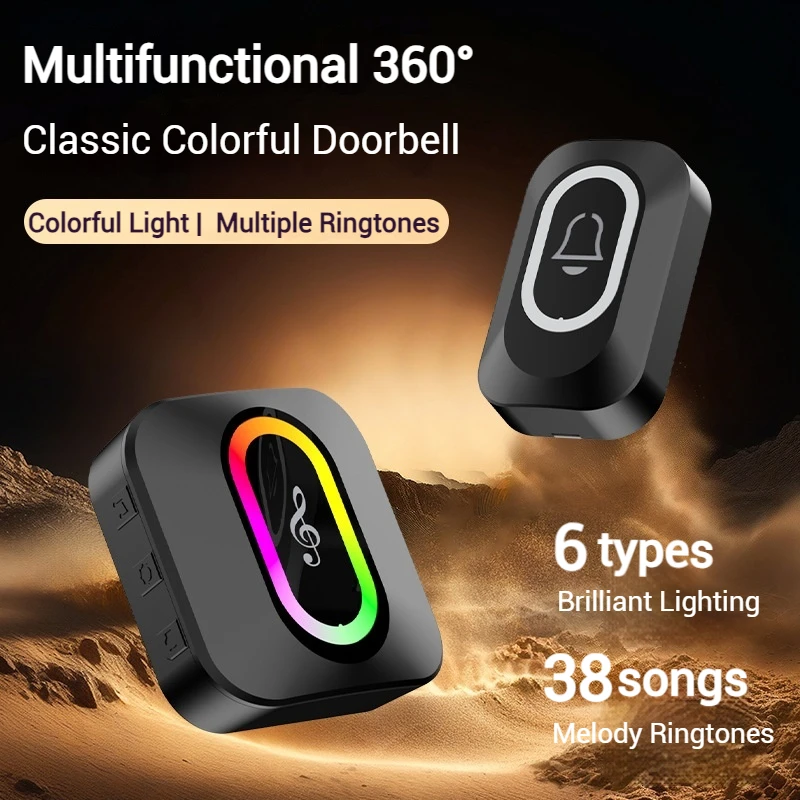 Colorful Light Wireless Doorbell Waterproof Welcome Chime Bell 38 Melody Remote Control Smart Home Alarm for Elderly Call Bell