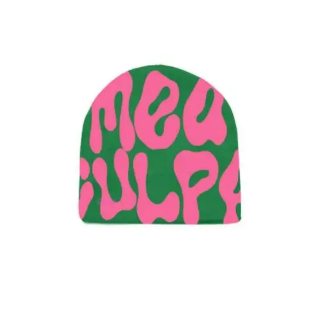Green Knit Beanie With Yellow Bubble Letter Jacquard Y2K Streetwear Slim Fit Skull Cap Unisex One Size