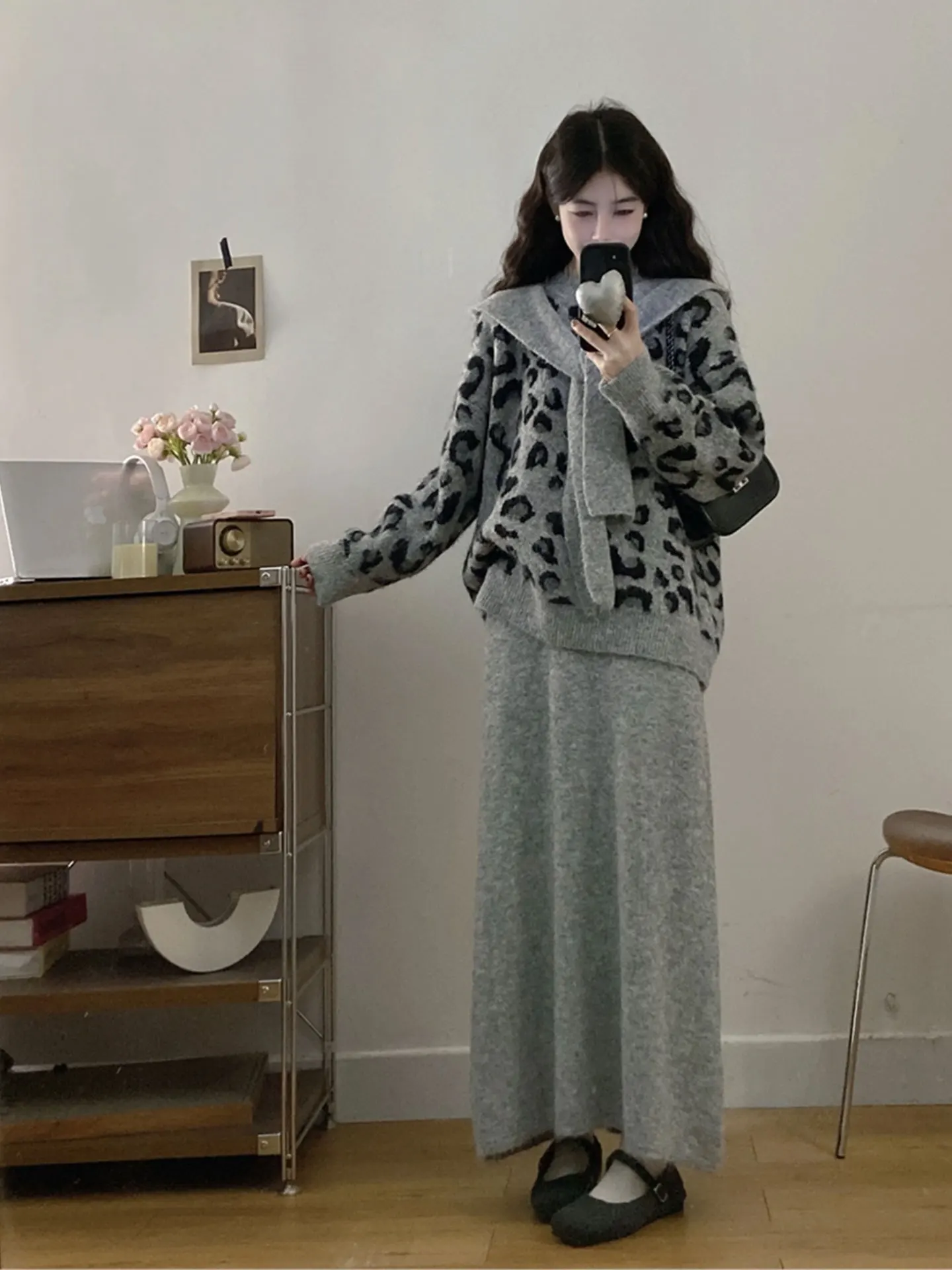 

Lazin Sle Leopard Print Sweater And Skirt Set plus Size Women's Faion Autumn Winter Tee Piece Suite Casual Wear