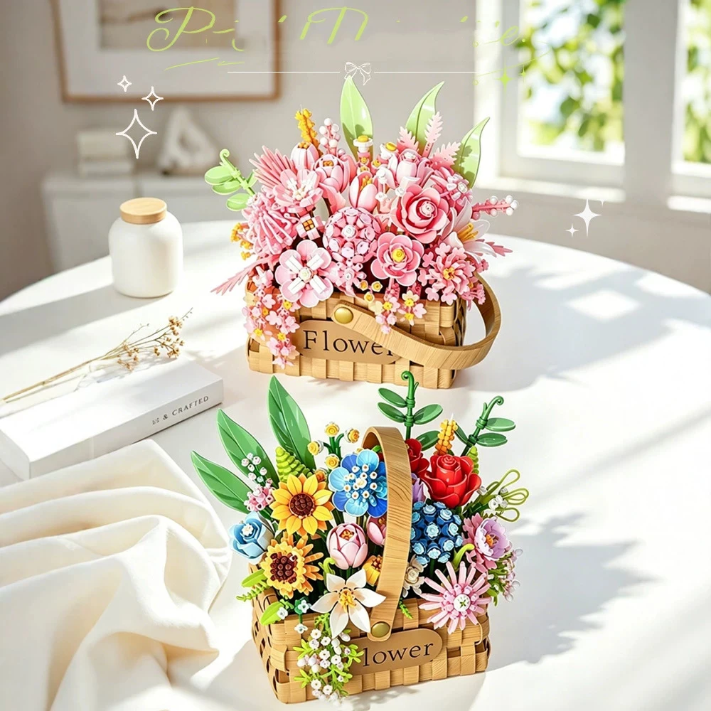 Home Furnishing Building Brick Sunflower Rose Mini Block Flower Wooden Basket Construction Educational Toys Collection For Gifts