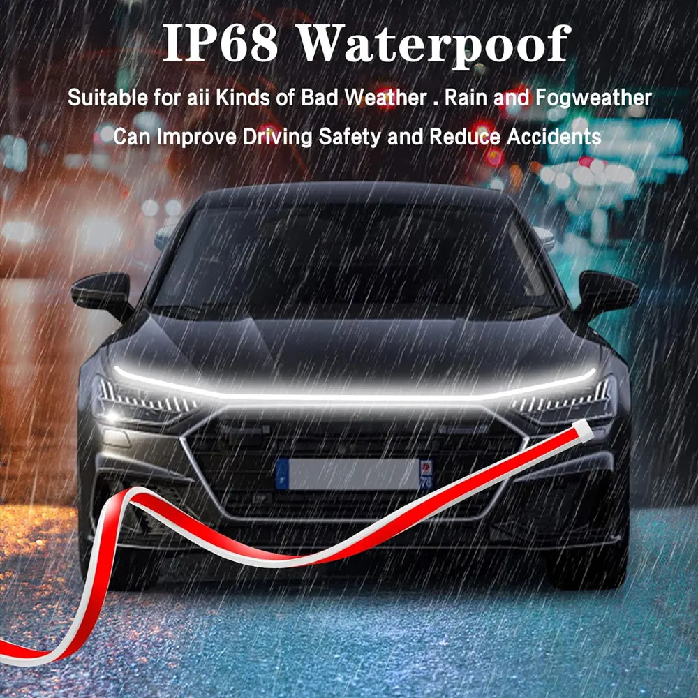 Car Hood White Dynamic LED Strip Exterior Silicone LED Light Flexible Exterior Light Strip with Fuse Protection Auto Accessories