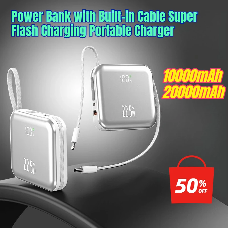 

20000mAh Power Bank with Built-in Cable Super Flash Charging Portable Charger