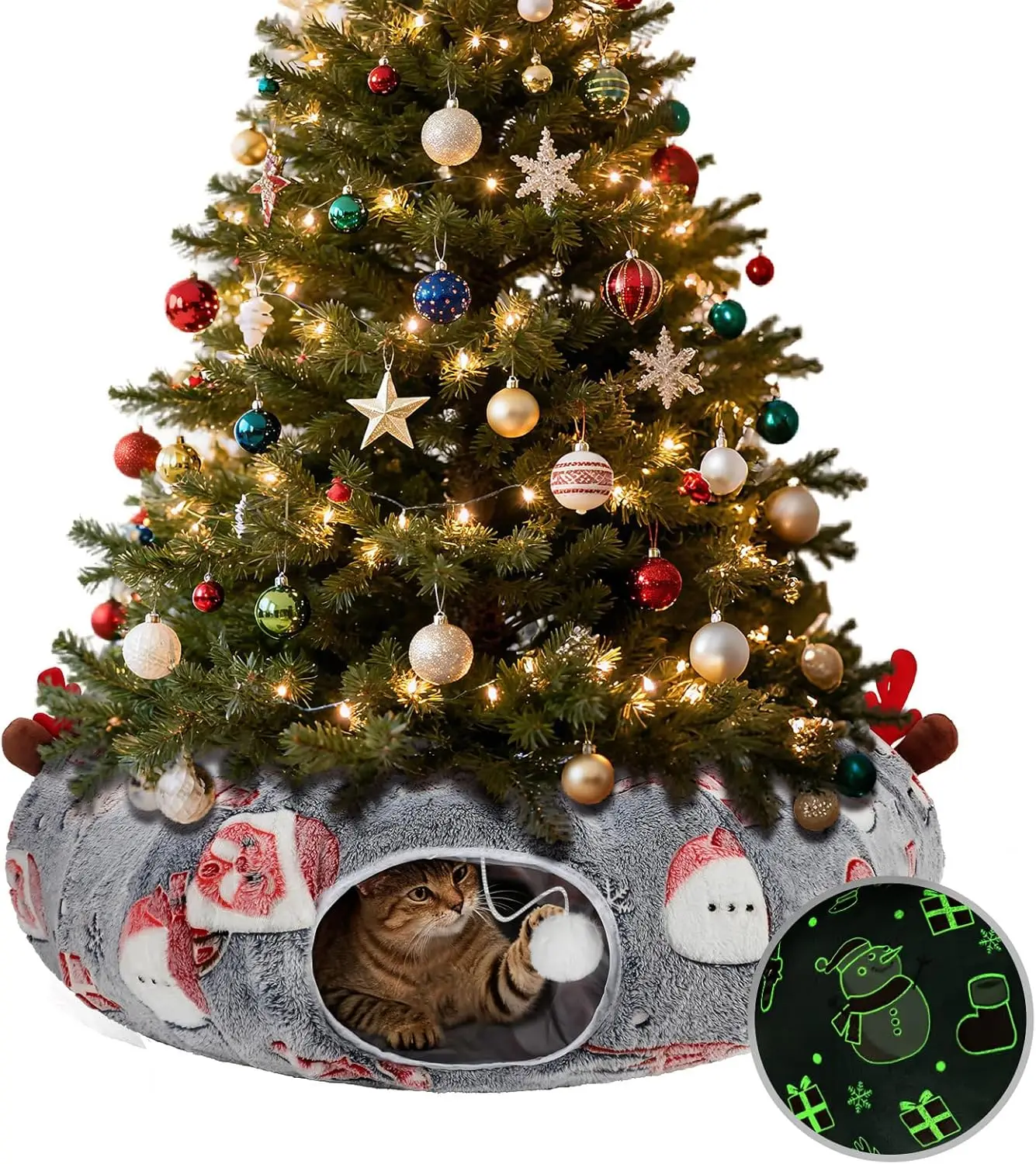 

Юбка-петнель для рождественской елки для кошек, светящаяся кровать-пончик для котенка с подушками и шариками, пушистый плюшевый серый туннель для кошек 36x36x11 дюймов для Sma