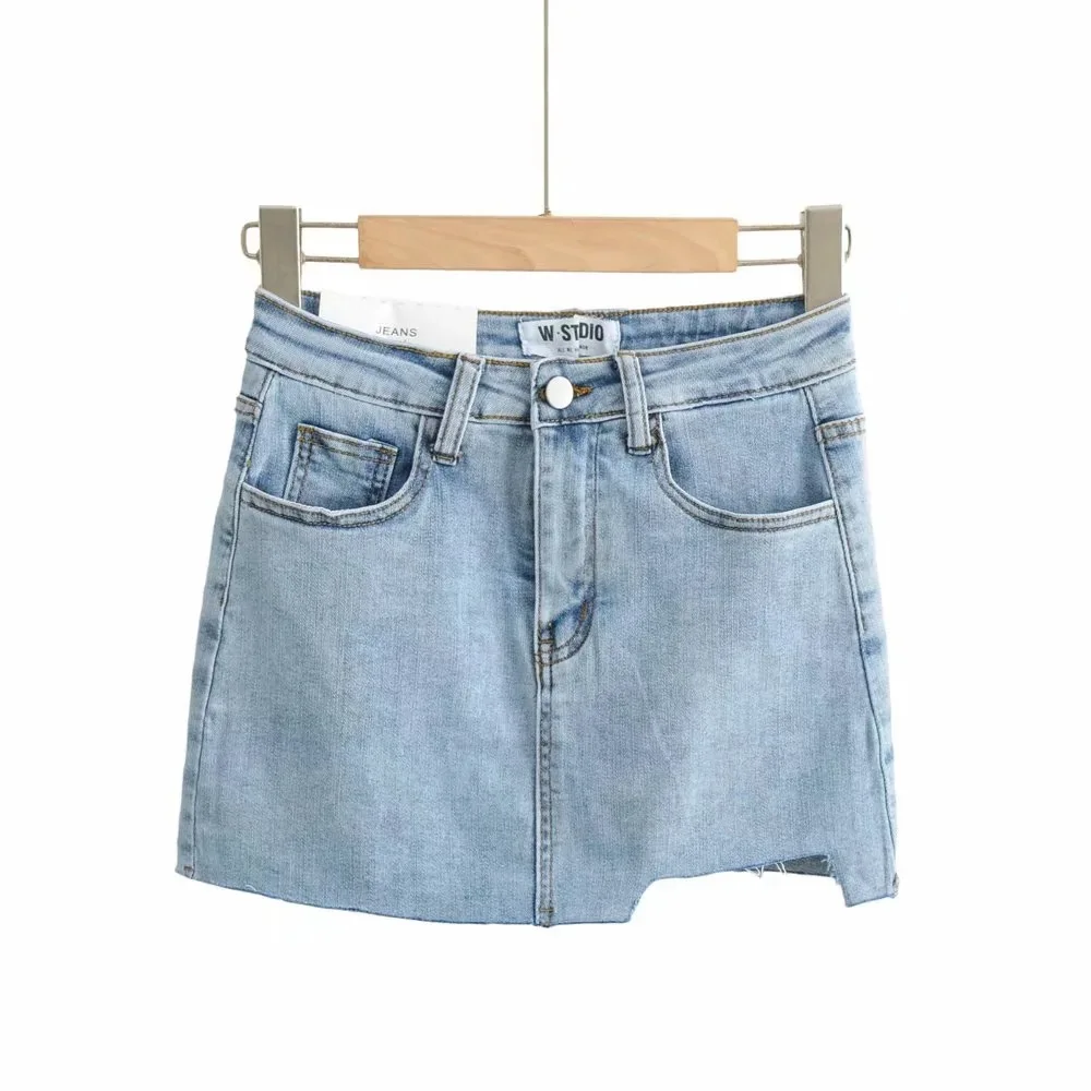 Summer Denim Short Skirt for Women Sexy Slim Solid High Wiast Wrap Hip Mini Skirts Femme Pockets Basics Jean A Line Casual