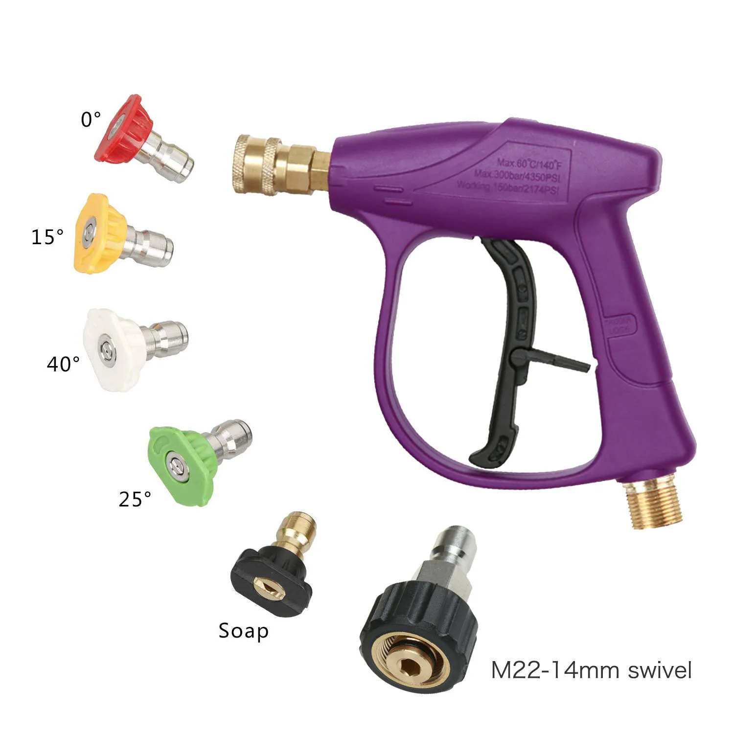 High Pressure Car Washing Auto Washer-Gun,5 Power Washer Quick Connect Nozzles Tips,M22 14 Swivel 3/8 inch Plug,3000 Psi,Purple