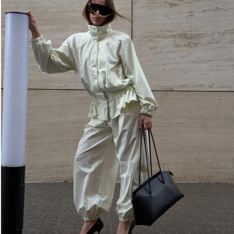 

Women's Off-White Ruched Waist Two-Piece Set, Stand Collar Jacket with Balloon Pants, Perfect for Casual & Street Style