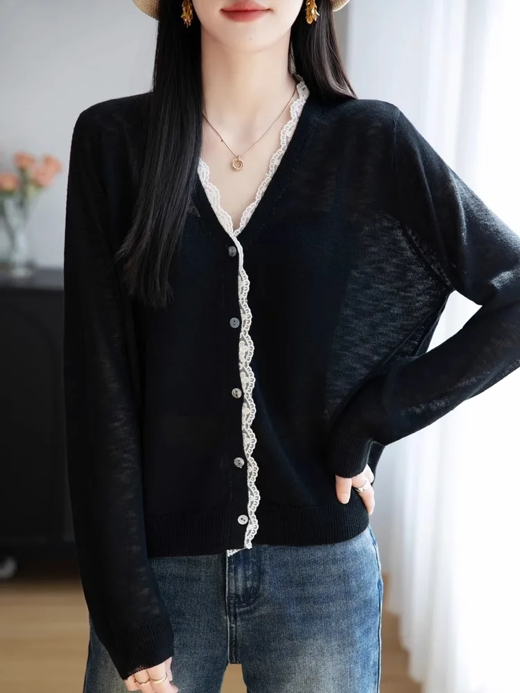 Sweet Sle Cardigan da donna con protezione solare in rayon di bambù V-Ne lavorato a maglia leggera Cappotto lungo a tubo dritto con vestibilità primaverile