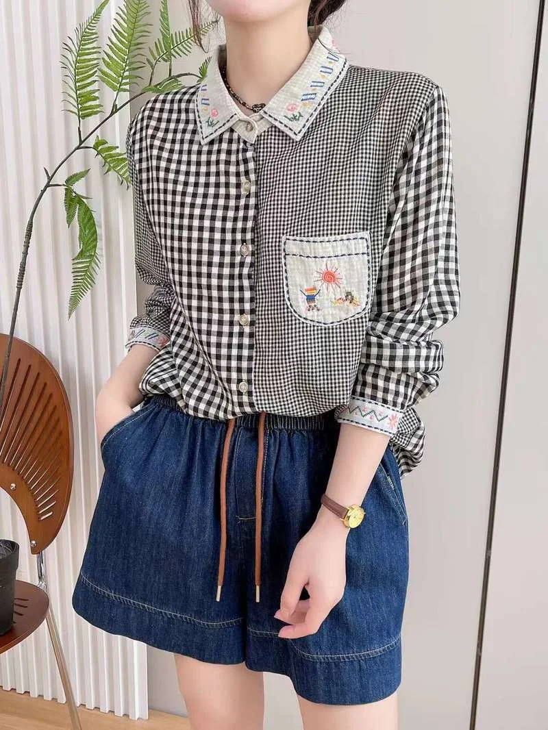 Mori kei clothing women\'s plaid shirts South korea fashion vintage plaid patchwork cartoon embroider blouse check shirt tops