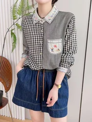 Mori kei clothing women's plaid shirts South korea fashion vintage plaid patchwork cartoon embroider blouse check shirt tops