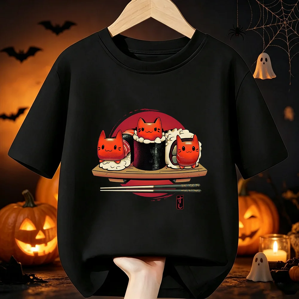 Boys Girls Halloween Party T‑Shirt Creative Japanese Style Sushi Cat Graphic Pure Cotton Short Sleeve Casual Children Top Tees