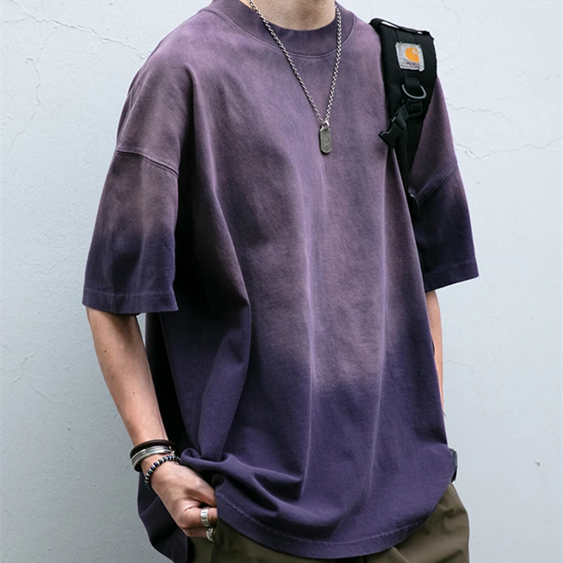 High Quality Summer Batik Wash Hip Hop T-Shirt Men Clothing Korean Fashion Gradient Couple Short Sleeve Tee Kpop Oversize Tops