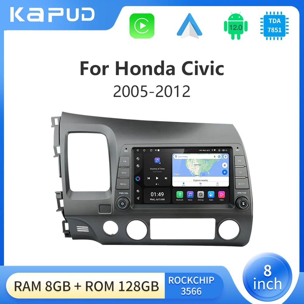 Kapud 8″ Android 12 Car Radio Video Multimedia For Honda Civic (2005 - 2012) 4G GPS Player CarPlay AUTO SWC 8Core No DVD2 Din