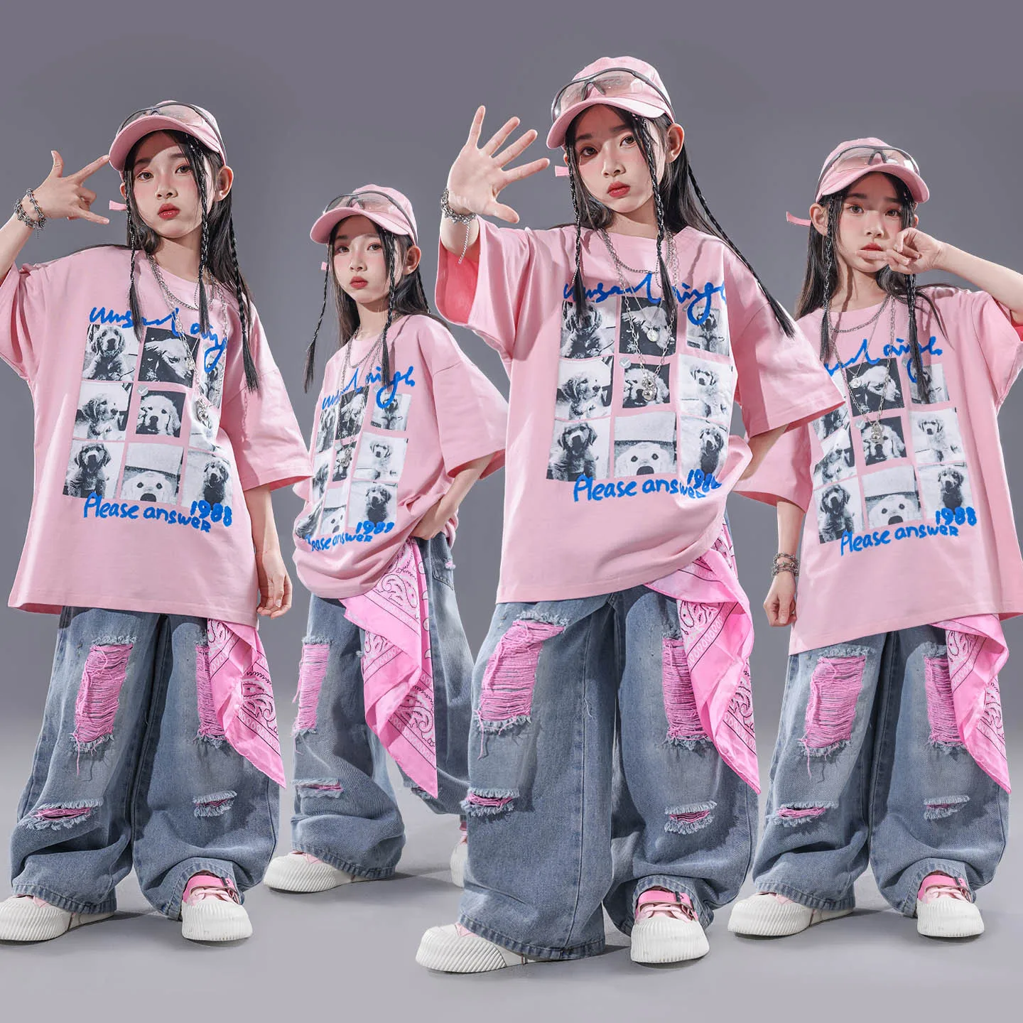 Girls Hip Hop Pink puppy T SHIRTS Ripped Denim Pants Children K-pop Cool Girl Group Clothes Set Kids Streetwear Jazz Costume