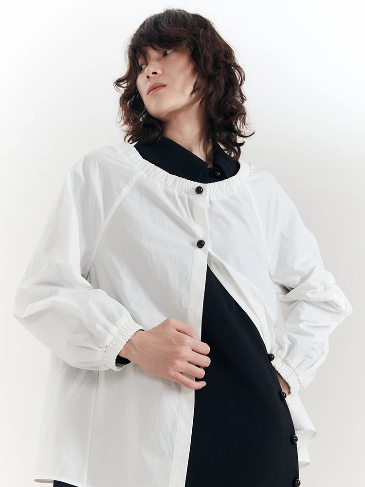 

Оригинальный дизайн f Made White Round Ne irt Jaet Long Sve Commute Sle Pure Color Хлопчатобумажная ткань Женская irt