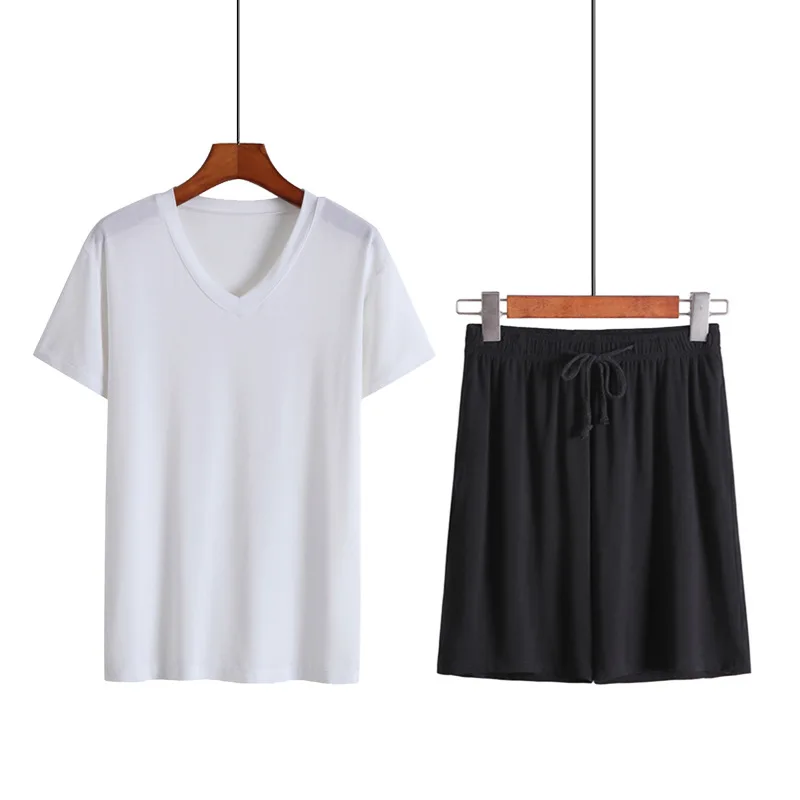 Modal ผู้ชายฤดูร้อน Homewear แขนสั้น V คอเสื้อยืดกางเกงขาสั้น 2 ชิ้น Thin Plus ขนาดชายชุดนอนชุดนอนเสื้อผ้า