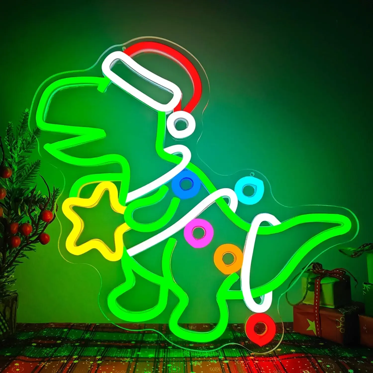 Gingerbread Man Santa Hat Neon Sign Green Multi Color LED Wall Art Acrylic USB Powered Dimmable Light Decor for Xmas Winter