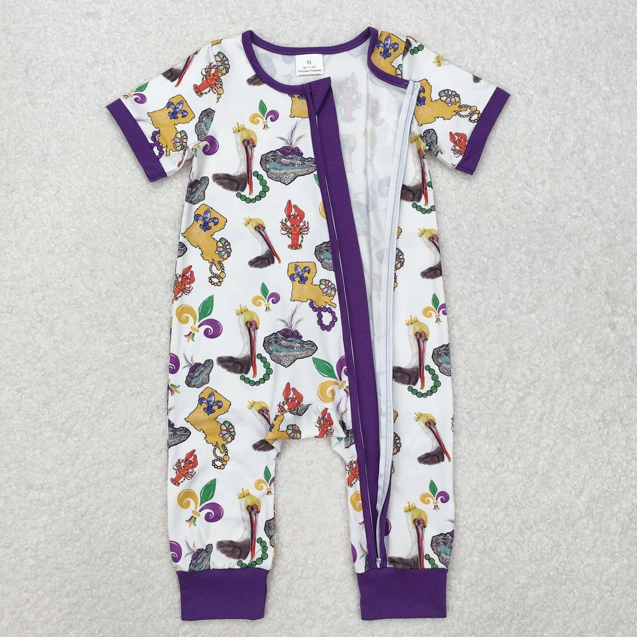 Wholesale Newborn Mardi Gras Bodysuit Clothes Short Sleeves Zipper Baby Boy Purple Romper Kids Toddler Coverall Pajamas Jumpsuit